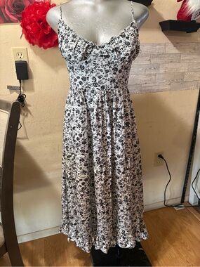 Ijoah Black & White Floral Maxi Slip Dress with Ruffle Hemline